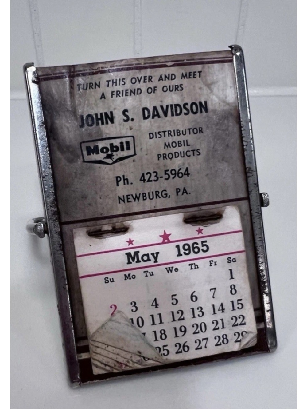 Vintage Advertising Metal Desktop Calendar 1965 MOBIL John S Davidson Newburg PA